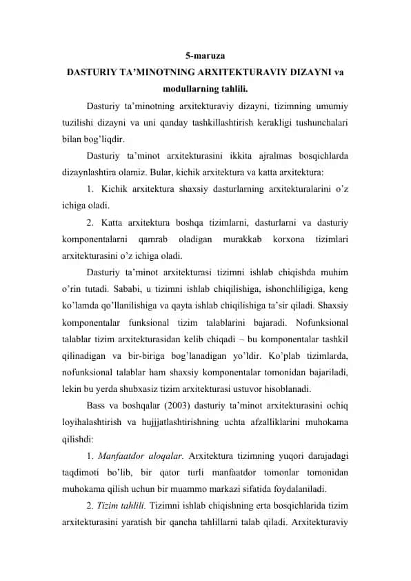 DASTURIY TA’MINOTNING ARXITEKTURAVIY DIZAYNI va modullarning tahlili