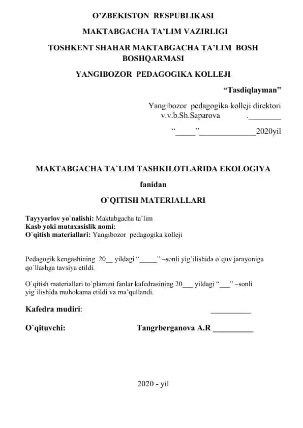 MTTda ekologiya fanidan o‘qitish materiallari