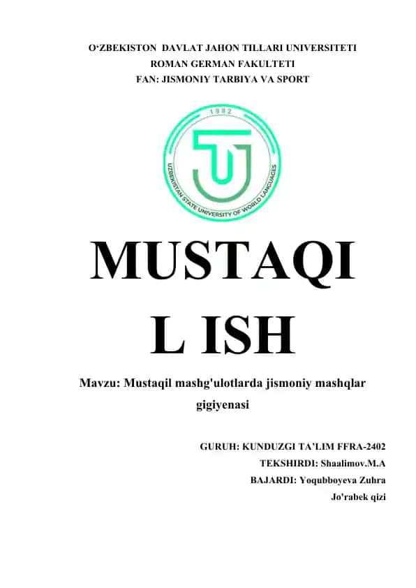 Mustaqil mashg'ulotlarda jismoniy mashqlar gigiyenasi