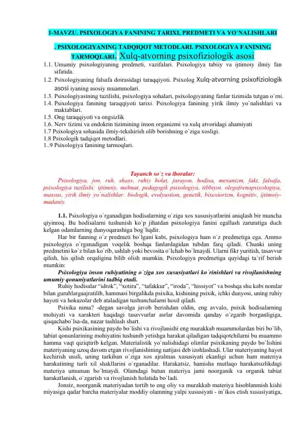 Psixologiya Fanining Tarixi, Predmeti va Yo'nalishlari
