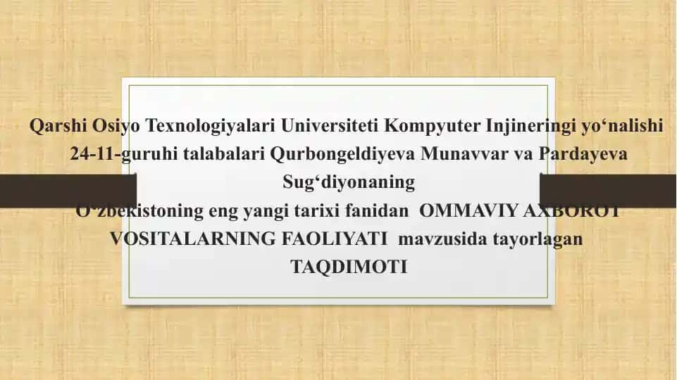 O‘zbekiston Respublikasida Ommaviy Axborot Vositalarining Faoliyati
