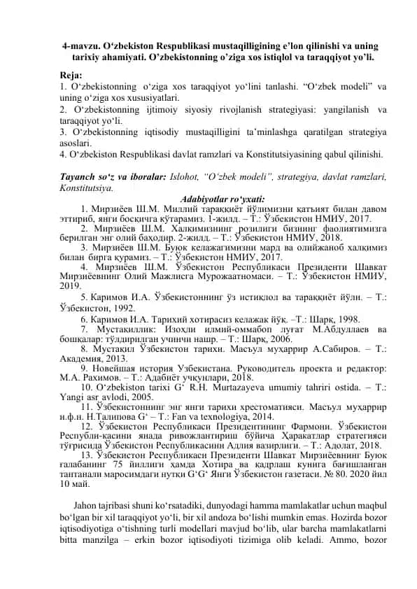Oʻzbekiston Respublikasi mustaqilligining e’lon qilinishi va uning tarixiy ahamiyati