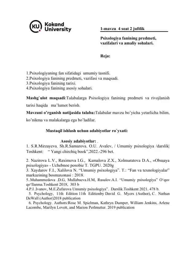 Psixologiya fanining umumiy tavsifi va tarixi