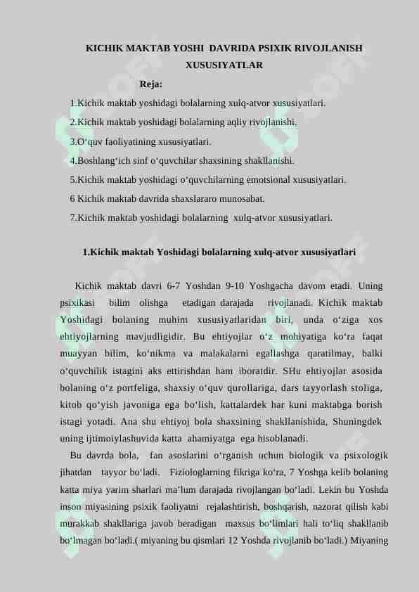 KICHIK MAKTAB YOSHI DAVRIDA PSIXIK RIVOJLANISH XUSUSIYATLAR