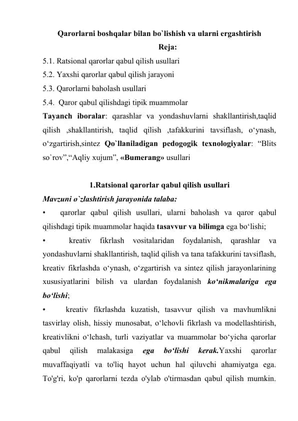 Qaror qabul qilish jarayoni va usullari taqdimoti