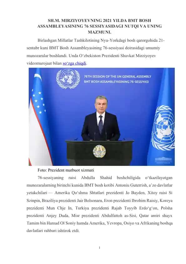 SH.M. MIRZIYOYEVNING 2021 YILDA BMT BOSH ASSAMBLEYASINING 76 SESSIYASIDAGI NUTQI VA UNING MAZMUNI