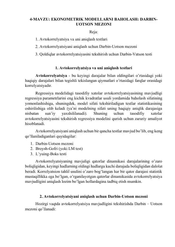 Darbin-Uotson mezoni bo‘yicha vaqtli qatorlardagi avtokorrelyatsiyani baholash taqdimoti
