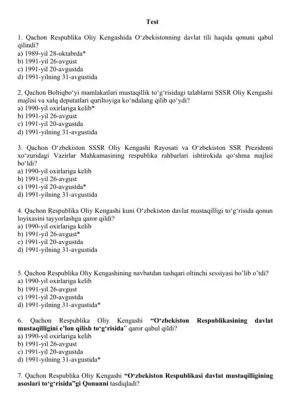 Mustaqil O‘zbekiston Respublikasining tashkil topishi va uning tarixiy ahamiyati. Test 15 ta, javobli.