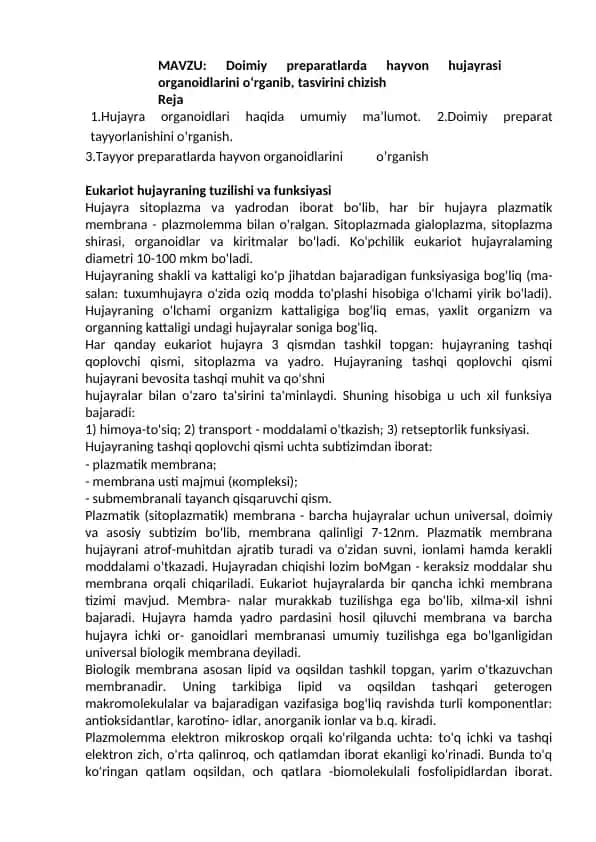 Doimiy preparatlarda hayvon hujayrasi organoidlarini o‘rganib, tasvirini chizish
