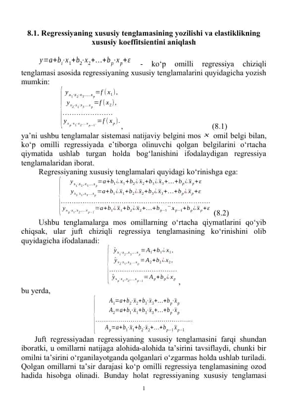 Regressiyaning xususiy tenglamasining yozilishi va elastiklikning xususiy koeffitsientini aniqlash