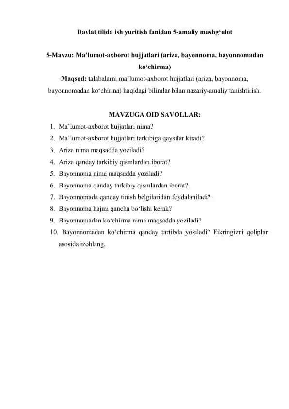 Ma'lumot-axborot hujjatlari (ariza, bayonnoma, bayonnomadan ko‘chirma)
