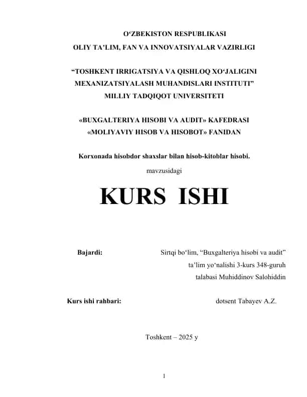 Korxonada hisobdor shaxslar bilan hisob-kitoblar hisobi