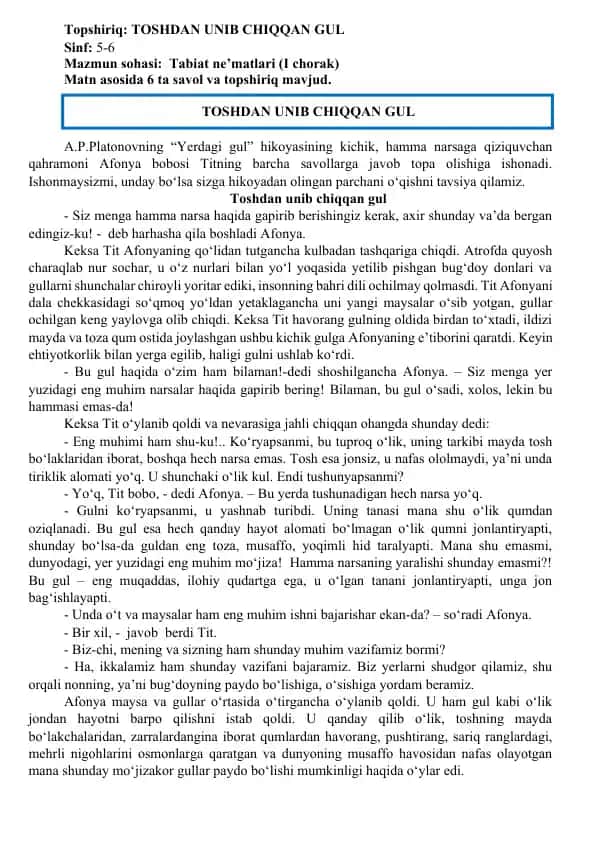 Toshdan unib chiqqan gul – o‘quv matni va amaliy savol-javoblar (5-6 sinf)