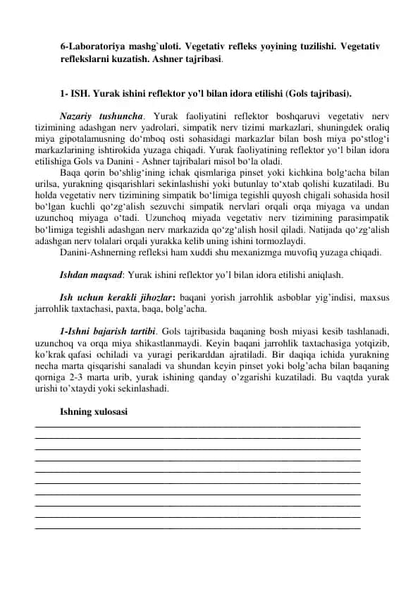 Laboratoriya mashg'uloti "Vegetativ refleks yoyining tuzilishi"