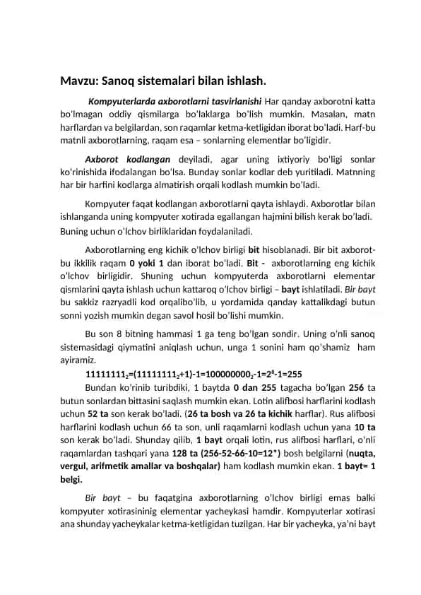 Sanoq sistemalari bilan ishlash