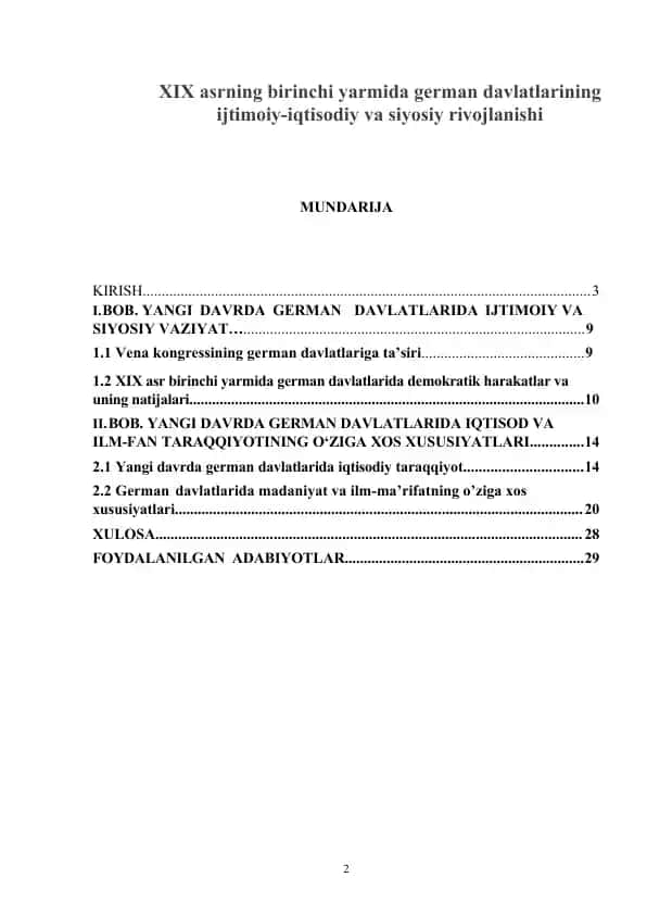 Kurs ishi: XIX asrning birinchi yarmida german davlatlarining ijtimoiy-iqtisodiy va siyosiy rivojlanishi