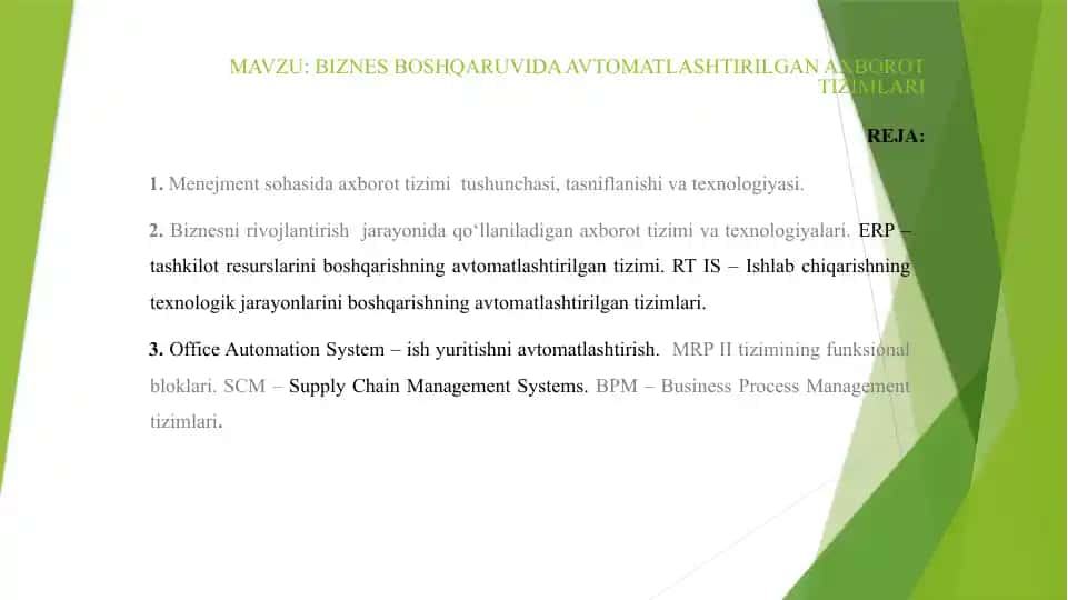Biznes boshqaruvida avtomatlashtirilgan axborot tizimlari