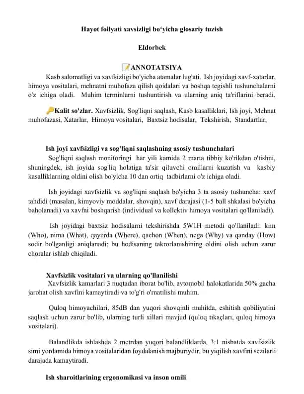 Hayot foilyati xavsizligi boʻyicha glosariy tuzish