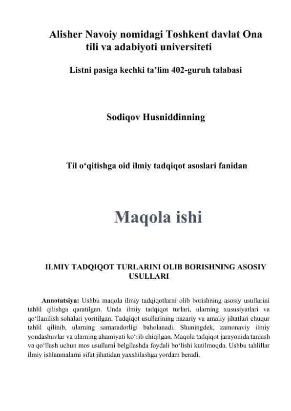 Til oʻqitishga oid ilmiy tadqiqot asoslari fanidan