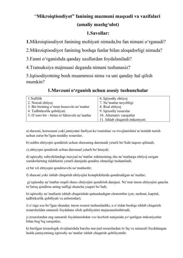 Mikroiqtisodiyot fanining mazmuni maqsadi va vazifalari