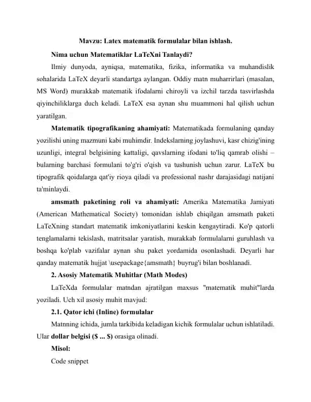 Latex matematik formulalar bilan ishlash