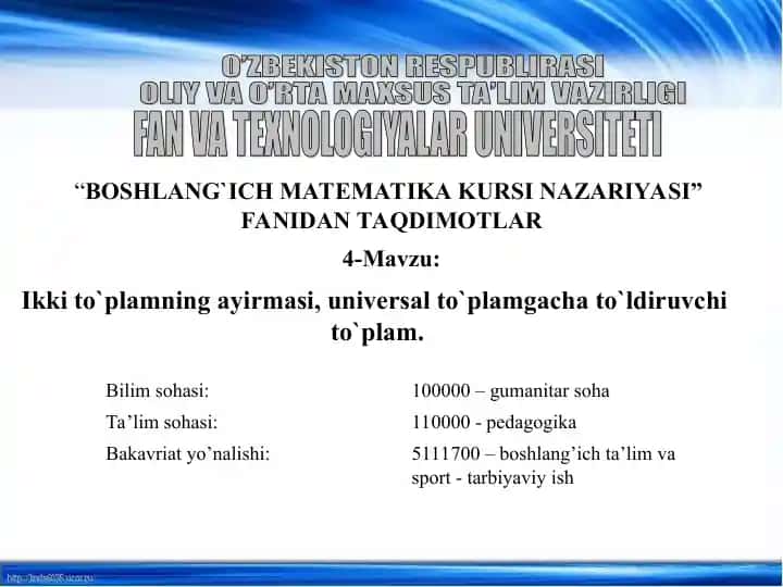 BOSHLANG`ICH MATEMATIKA KURSI NAZARIYASI