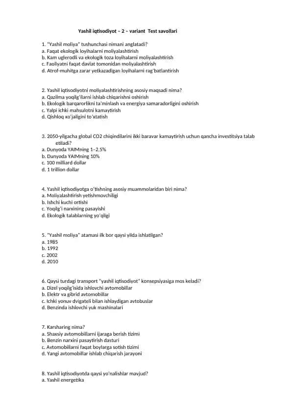 Yashil iqtisodiyot – 2 – variant Test savollari