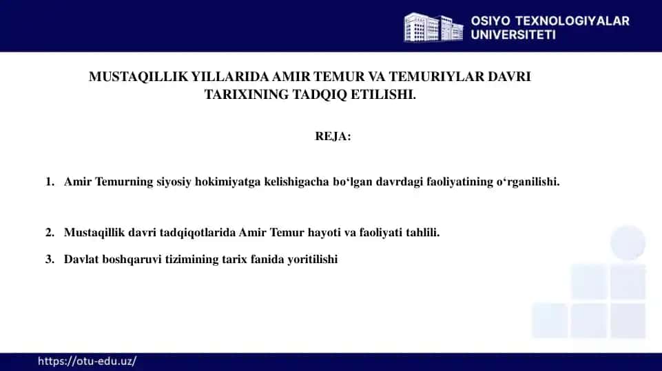 MUSTAQILLIK YILLARIDA AMIR TEMUR VA TEMURIYLAR DAVRI