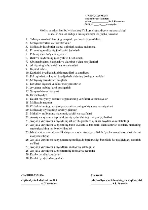 Moliya asoslari fani bo`yicha oraliq nazorat savollari