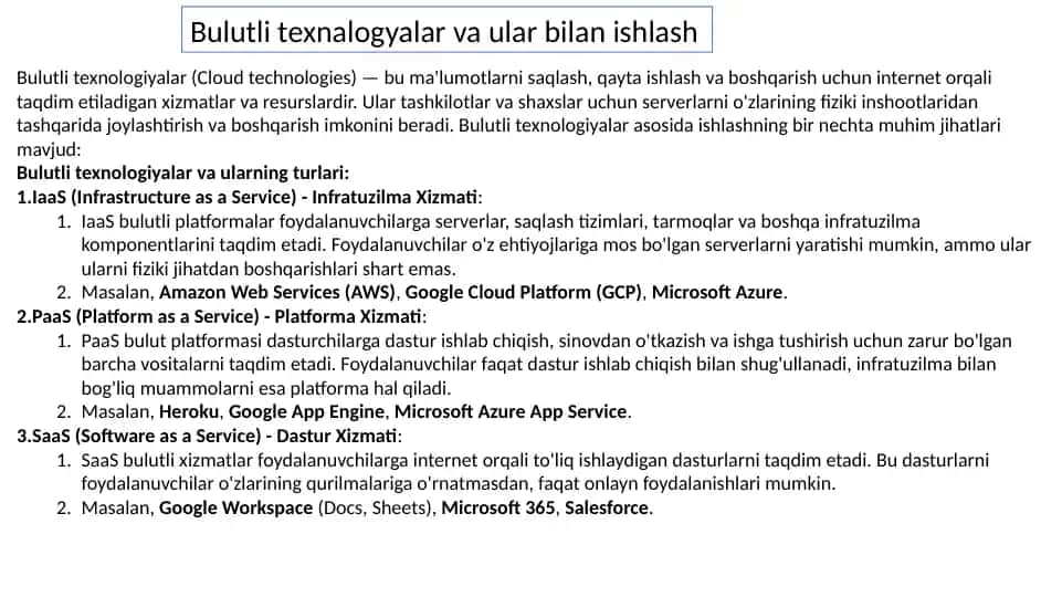 Bulutli texnalogyalar va ular bilan ishlash