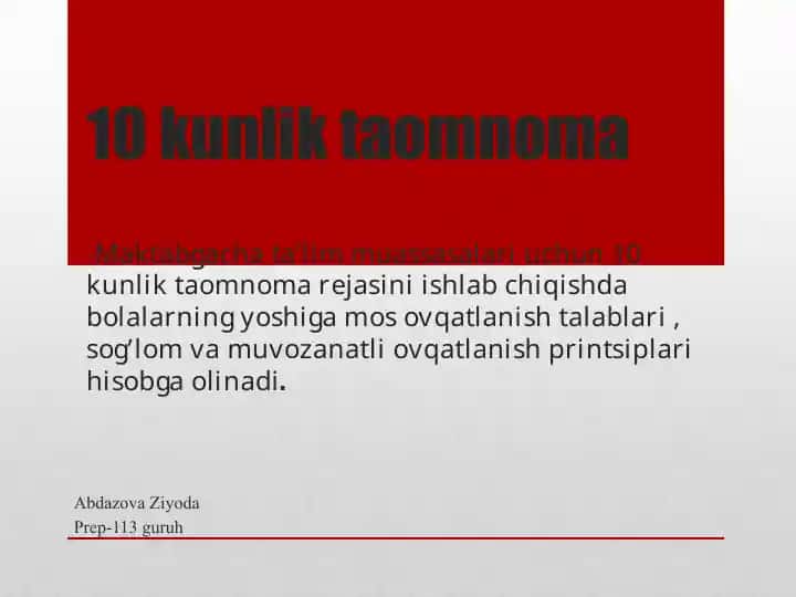 10 kunlik taomnoma