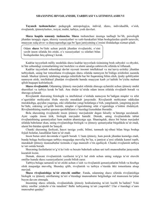 SHAXSNING RIVOJLANISHI, TARBIYASI VA IJTIMOYLASHUVI