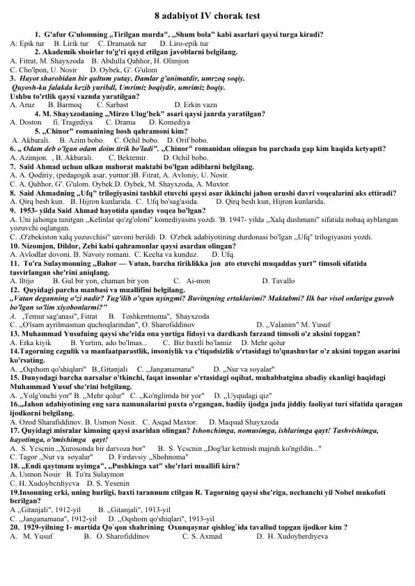 8 adabiyot IV chorak test