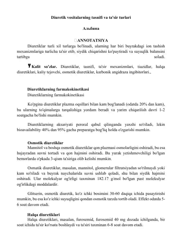 Diuretik vositalarning tasnifi va ta'sir turlari