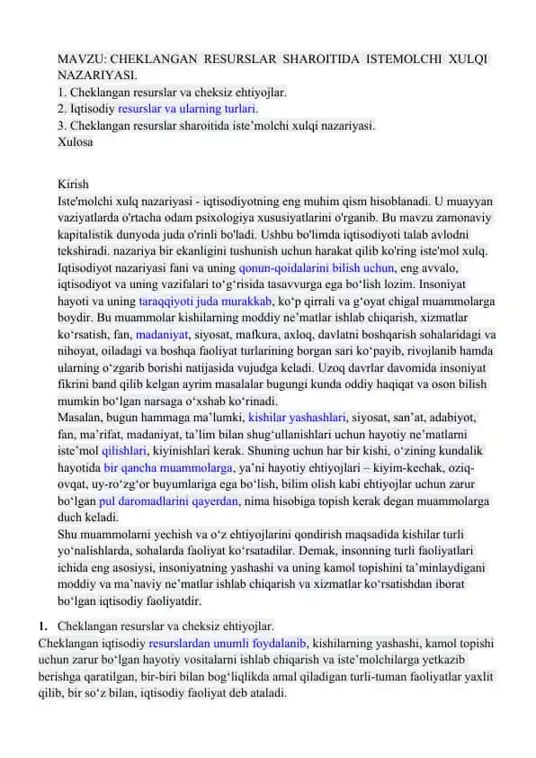 Iqtisodiyotning Iste'molchi Xulqi Nazariyasi