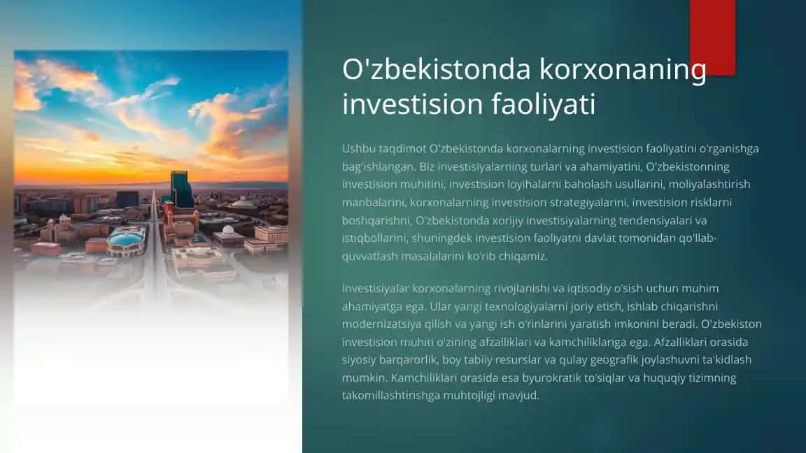 O'zbekistonda korxonaning investision faoliyati