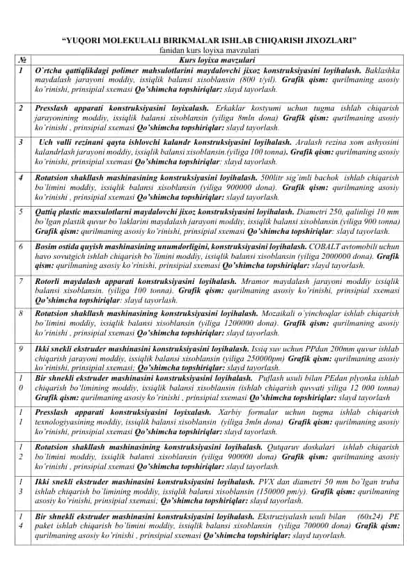 YUQORI MOLEKULALI BIRIKMALAR ISHLAB CHIQARISH JIXOZLARI