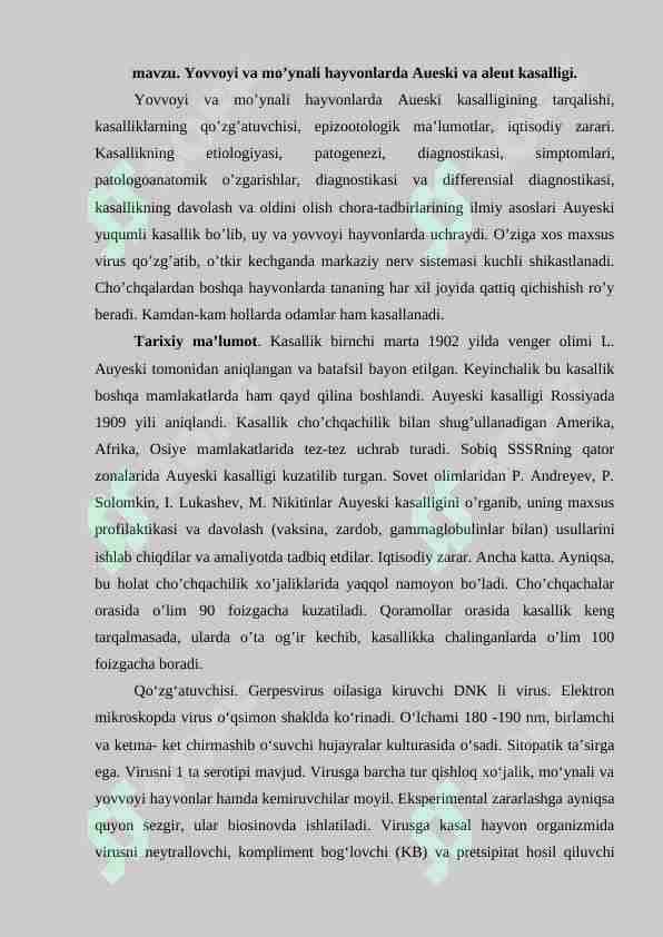 Yovvoyi va mo’ynali hayvonlarda Aueski va aleut kasalligi