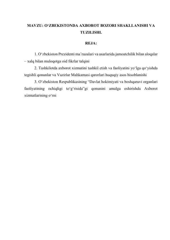 O‘ZBEKISTONDA AXBOROT BOZORI SHAKLLANISHI VA TUZILISHI