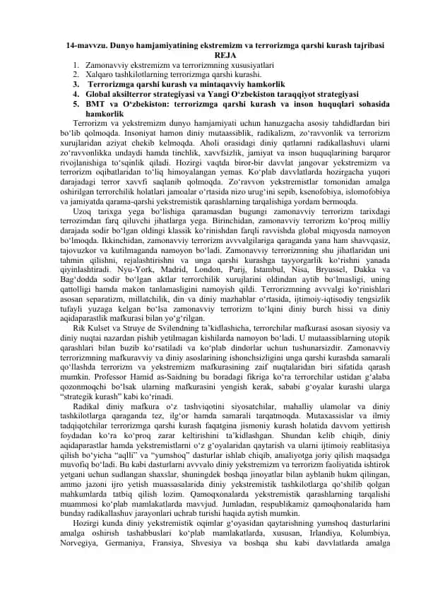 Dunyo hamjamiyatining ekstremizm va terrorizmga qarshi kurash tajribasi