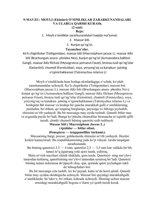 Moyli (Ekinlari) O’SIMLIKLAR ZARARKUNANDALARI VA ULARGA QARShI KURASh.