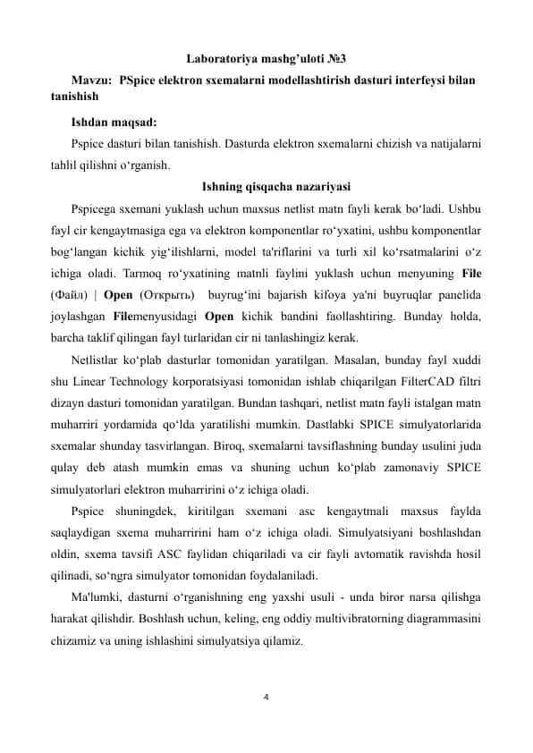Laboratoriya mashg’uloti №3: PSpice elektron sxemalarni modellashtirish dasturi interfeysi bilan tanishish
