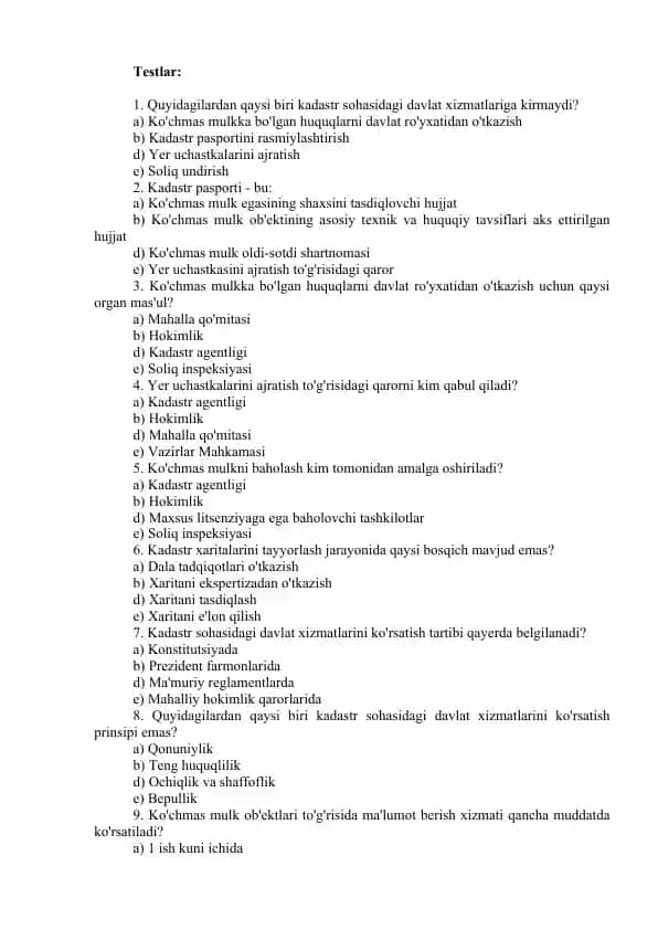 Kadastr sohasi testlar