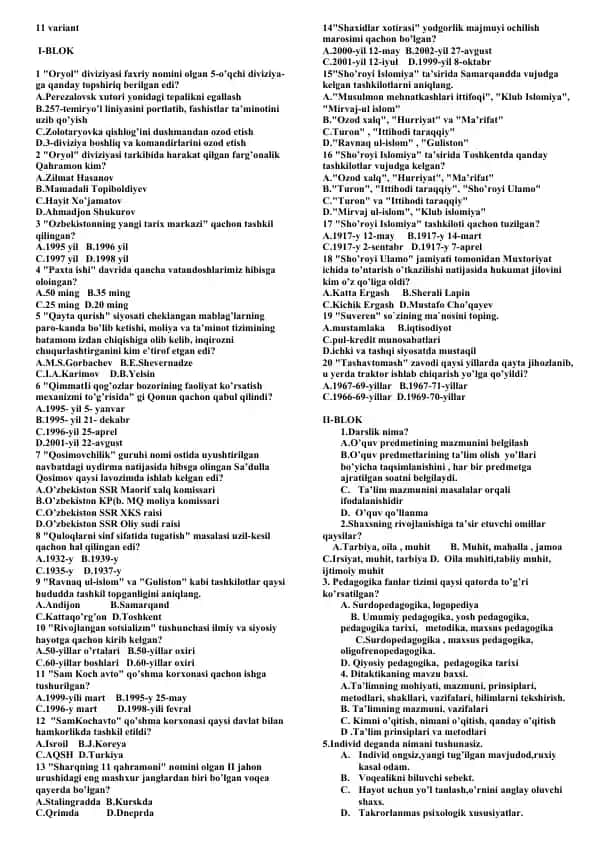 Tarixiy test savollari