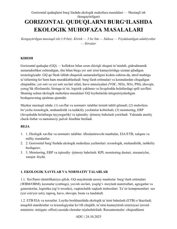GORIZONTAL QUDUQLARNI BURG‘ILASHDA EKOLOGIK MUHOFAZA MASALALARI