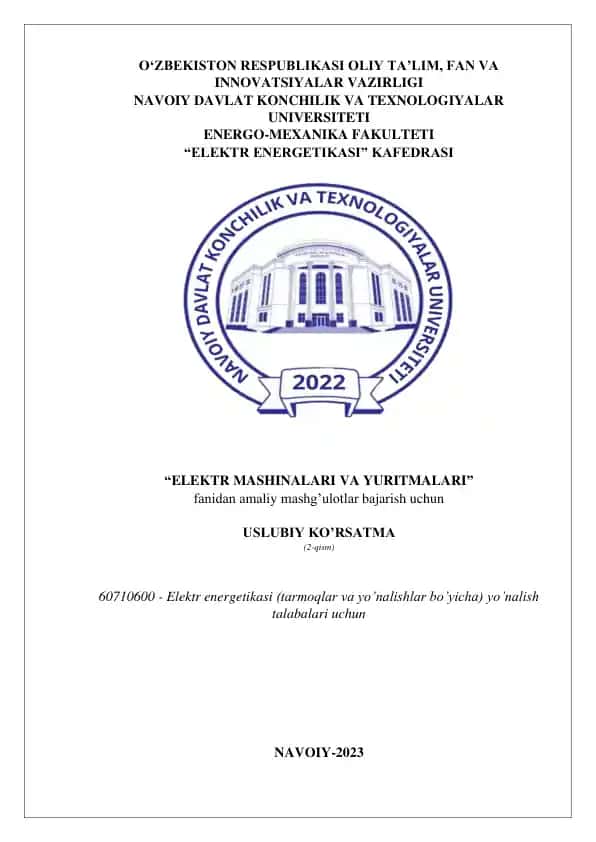 Uslubiy ko’rsatma "Elektr energetikasi" kafedrasi talabalari uchun