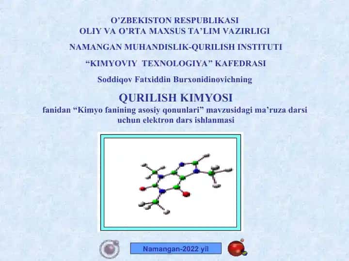 “Kimyo fanining asosiy qonunlari” mavzusidagi elektron dars ishlanmasi