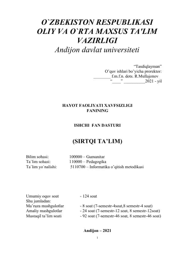Ishchi fan dasturi "Hayot faoliyati xavfsizligi"