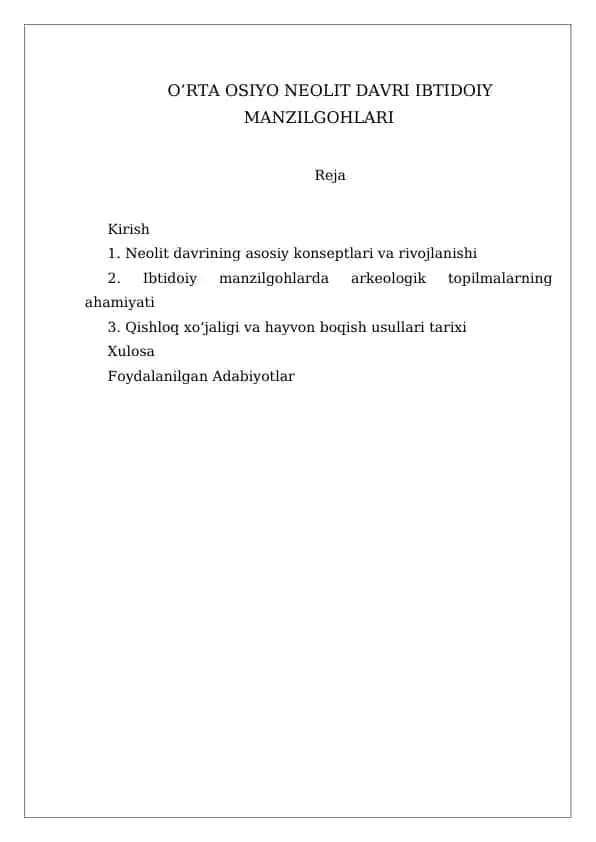 O’RTA OSIYO NEOLIT DAVRI IBTIDOIY MANZILGOHLARI