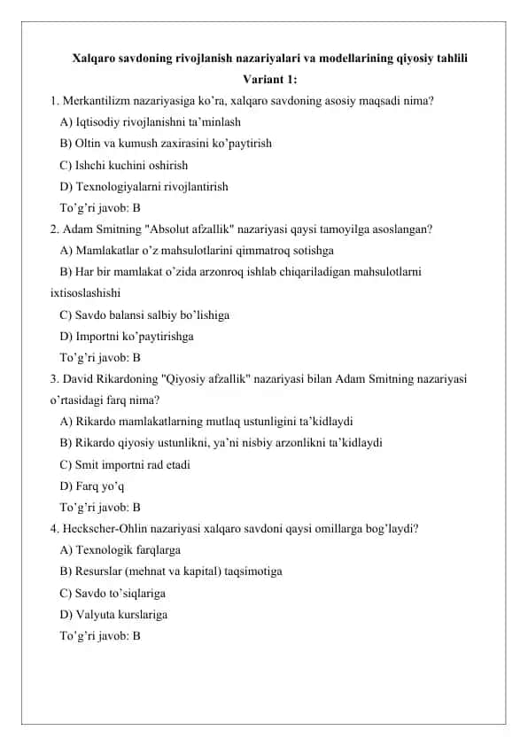 Xalqaro savdoning rivojlanish nazariyalari va modellarining qiyosiy tahlili